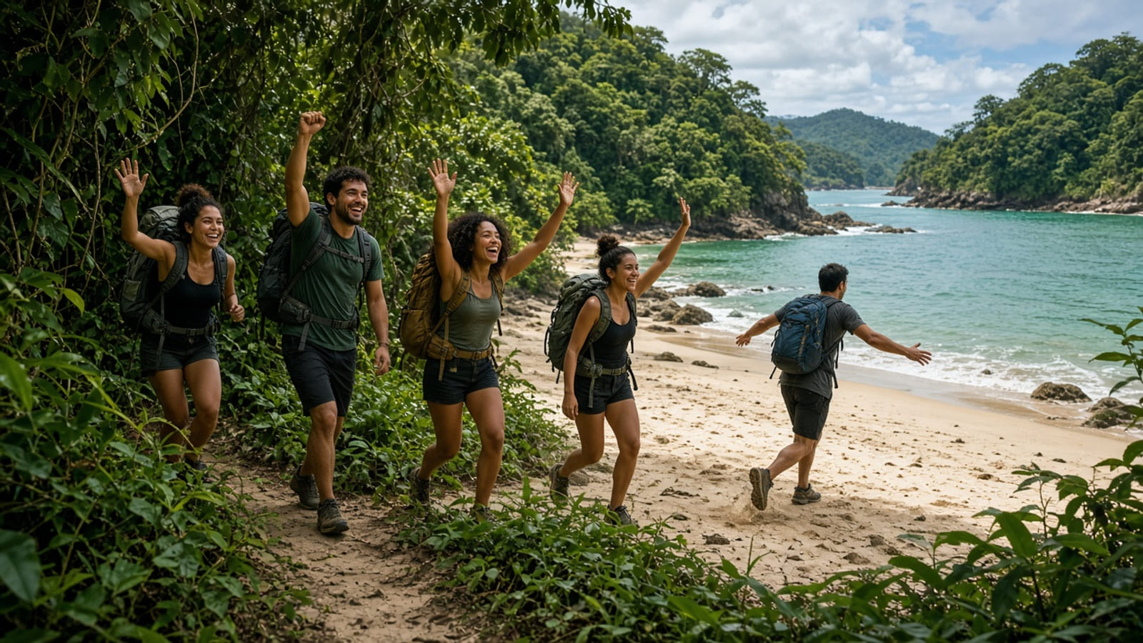 Grupo chegando à praia na Trilha das Sete Praias em Ubatuba